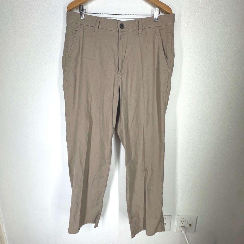 H&M Mens Tan Linen Cotton Relaxed Fit Chino Pants Trousers Straight Leg Flat